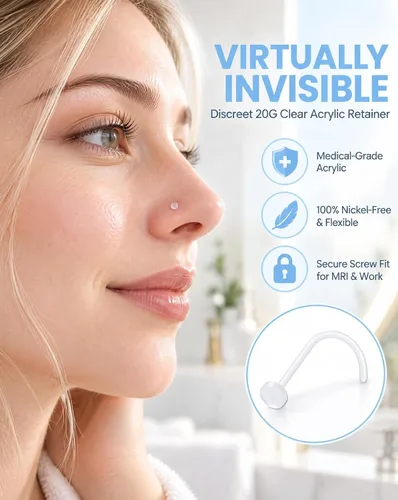 Vista 2 de Anillo de nariz transparente Bioflex, aretes de nariz en forma de L, sacacorchos para la nariz, piercing para el cuerpo, conjunto de joyas