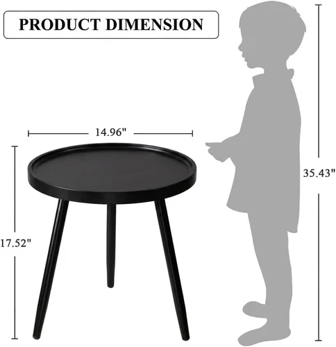 Vista 3 de Mesa auxiliar redonda negra, mesa decorativa con patas de metal con bandeja de madera, mesa auxiliar redonda pequeña para sala de estar, dormitorio