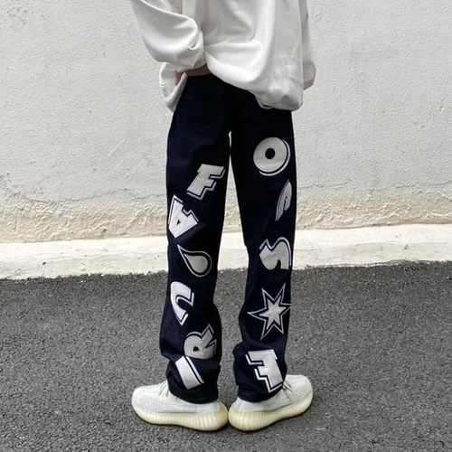 Vista 7 de BXCNCKD Jeans góticos de calle hip-hop con letras de contraste de color para hombre, pantalones casuales sueltos Harajuku