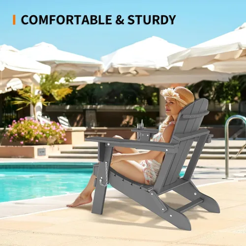 Vista 5 de VINGLI Sillas Adirondack de plástico, plegables con soporte para tazas, material de polietileno de alta densidad impermeable, cómoda capacidad