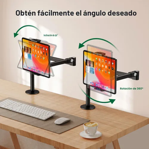 Vista 5 de elitehood Soporte de escritorio para iPad de brazo largo con base de montaje con ojales, soporte de aluminio resistente para tableta, soporte