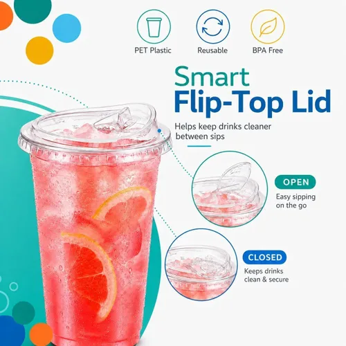 Vista 5 de Oojami 100 Pack 12 oz BPA-Free U-Shaped Cups with Strawless Sip Lids
