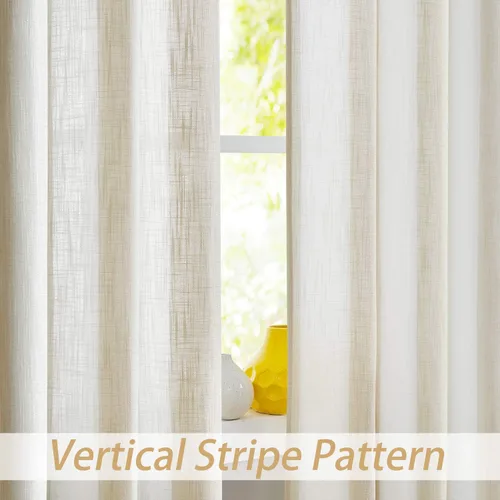 Vista 2 de Central Park Cortinas de Granja con Rayas Beige y Blancas Semi-Transparentes Mezcla de Rayón Textura de Lino Pesado Panel de Cortina para Ventana 6
