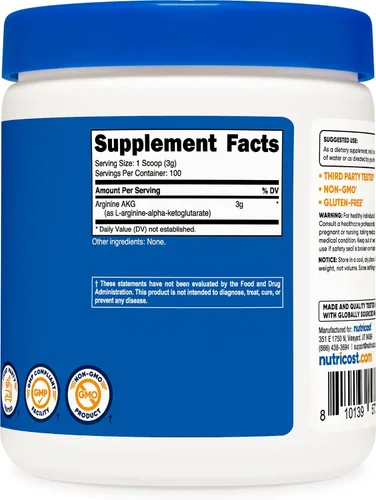 Vista 5 de Nutricost Arginina AKG polvo 10.58 onzas (AAKG) – .10 onzas por porción y 100 porciones – Pura arginina alfa ketoglutarato