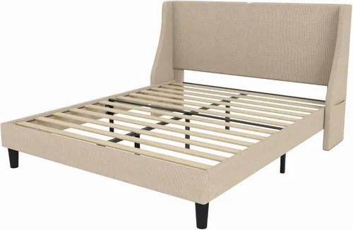 Vista 7 de VECELO Base de cama Queen con cabecera tapizada con respaldo alado, base de cama de plataforma resistente con estación de carga y bolsillos Beige