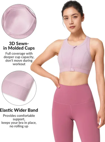 Vista 7 de Yvette Sujetadores deportivos de alto impacto para mujer, con cremallera frontal, brasier deportivo de talla grande para entrenamiento, fitness