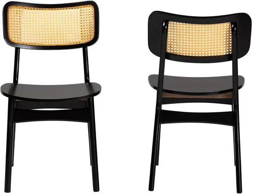 Vista 4 de Baxton Studio Tafari Mid-Century - Juego de sillas de comedor de 2 piezas con acabado marrón oscuro y ratán