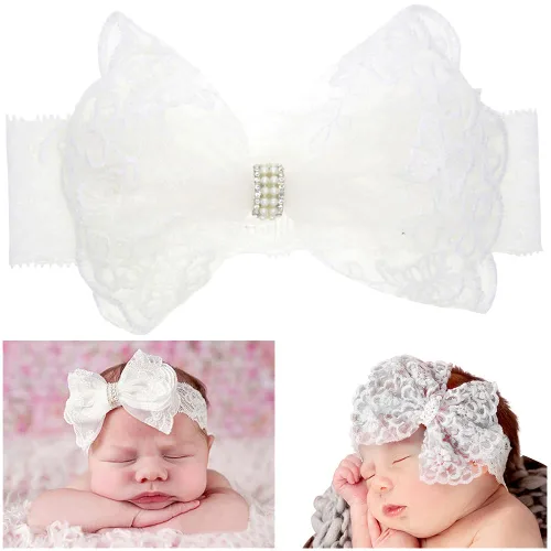 Vista 2 de Katutude Diadema de lazo de encaje para bebé, diadema de encaje blanco, accesorios para el cabello, accesorios para el cabello, lazos para bebés