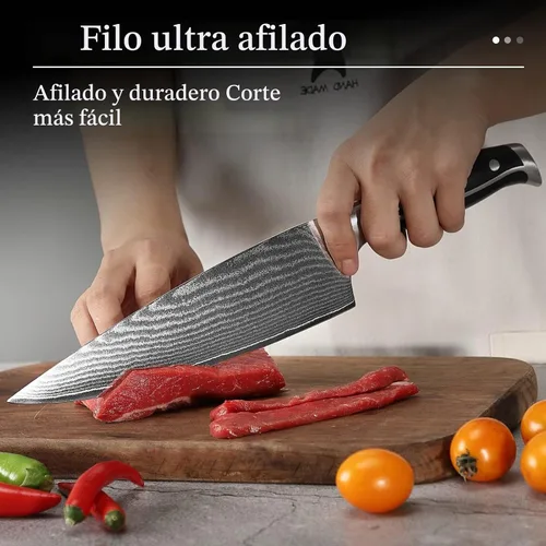 Vista 9 de Juego de cuchillos de Damasco con bloque – 9 piezas VG10 67 capas de acero de alto carbono, asas de madera de Pakka con triple remachado, chef