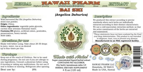 Vista 2 de Bai Zhi Extracto líquido sin alcohol, Bai Zhi, Dahurian Angelica (Angelica Dahurica) Root Glycerite Hawaii Pharm Suplemento herbario natural 4x4 oz