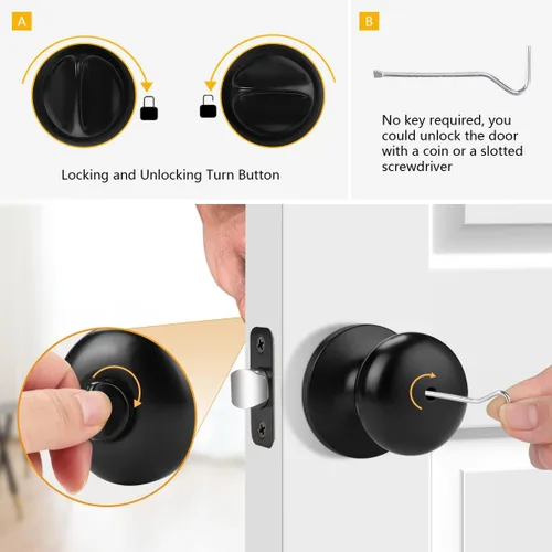 Vista 4 de Probrico Pomos de puerta de privacidad para interiores, color negro mate, 1 paquete de pomos de puerta de baño para cama, función de bloqueo