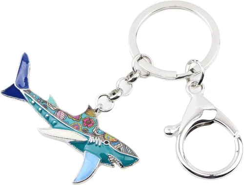 Vista 2 de Llavero de tiburón de aleación esmaltada, anillo para bolso de mano, llavero de moda, joyería de pescado oceánico para mujeres y niños, regalo