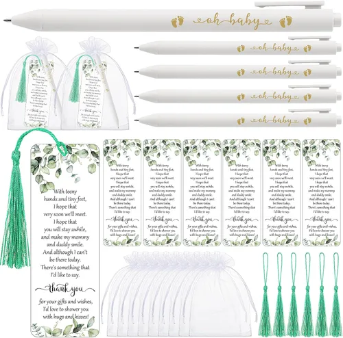Vista 7 de Geyoga 50 juegos de marcadores para baby shower, 50 bolígrafos para baby shower, 50 marcadores y bolsas de organza para invitados, premios para Azul