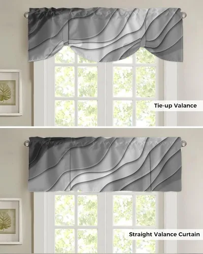 Vista 5 de Cenefa de amarre para ventanas, cenefa geométrica moderna gris con bolsillo para barra, tratamiento de ventana, cortinas cortas abstractas grises
