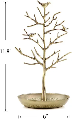 Vista 2 de Soporte de joyería de árbol de pájaros, soporte organizador de aretes, collar, estante organizador de torre con bandeja de metal para anillos