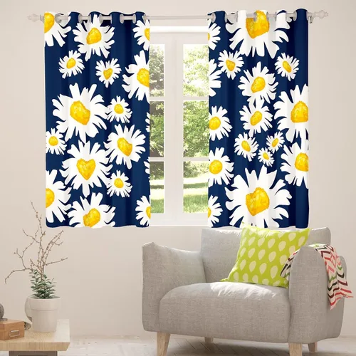 Vista 2 de Cortinas opacas de margaritas blancas, cortinas florales Trippy para niños y niñas, flores amarillas de jardín, 76 x 45 pulgadas, cortinas