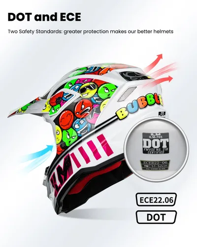 Vista 3 de ILM Casco ATV Juvenil para Niños Dirt Bike Motocross BMX Todoterreno Motocicleta Go Kart Casco DOT ECE Modelo Z705 (Chicle, S)