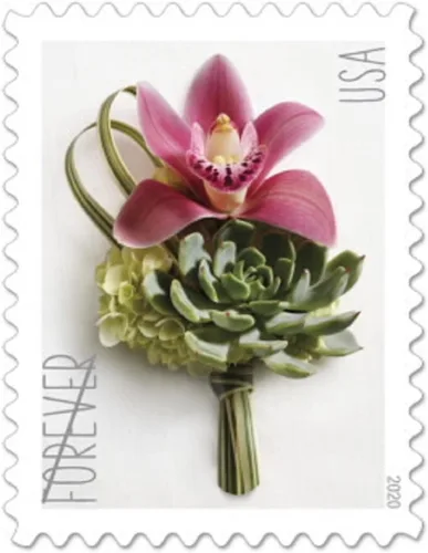Vista 4 de USPS - Hoja de 20 sellos de boda Forever Postage con diseño de botonera contemporánea Scott 5457