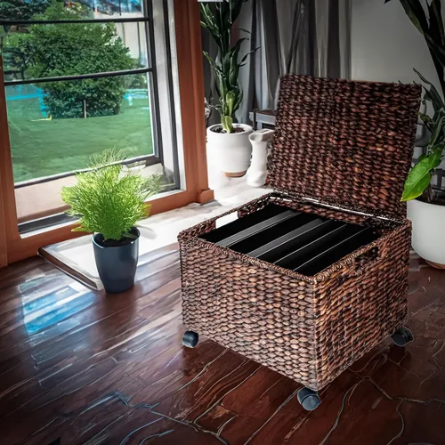Vista 6 de Trademark Innovations Caja de archivo con ruedas de mimbre para colgar, cesta de almacenamiento de jacinto de agua (marrón oscuro)
