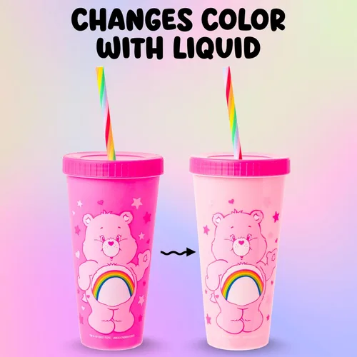 Vista 11 de Silver Buffalo Care Bears Corazones y Estrellas Juego de 4 Vasos de Plástico Cambian de Color con Popotes de Espiral Arcoíris con Tenderheart