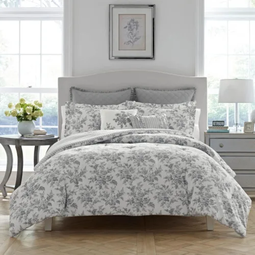 Vista 12 de Laura Ashley - Juego de edredón King, ropa de cama de algodón suave y reversible, juego de cama de peso medio de 7 piezas con fundas de almohada a