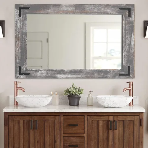 Vista 16 de YOSHOOT Espejo de pared con marco de madera rústica, espejo de tocador de baño de madera natural para decoración de granja, colgante vertical u Negro