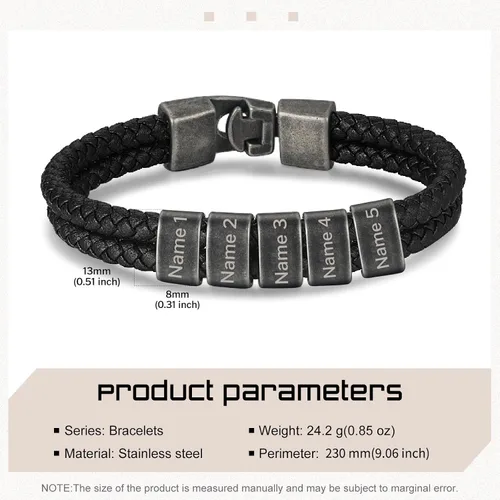 Vista 2 de Pulsera personalizada con nombre para hombre, pulsera de cuero personalizada para hombre con 2-5 cuentas vintage grabadas con nombres de familia