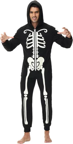 Vista 4 de Veseacky Conjunto de pijamas familiares a juego con diseño de esqueleto que brilla en la oscuridad, overol de Halloween con capucha y cremallera