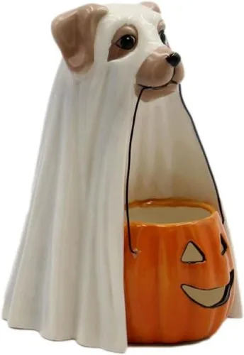 Vista 3 de Cosmos Gifts 21020 Ghost Dog Holding Pumpkin Tealight Holder 4 7/8" X 4 5/8" X 6 3/8" H