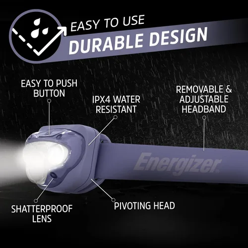 Vista 3 de Energizer Vision HD + LED - Linterna frontal color morado, luz LED para emergencias, exteriores o como luz de trabajo, incluye baterías, paquete