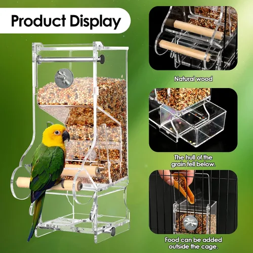 Vista 2 de Comedero para pájaros sin ensuciar, acrílico transparente, reduce los residuos, apto para pájaros pequeños (2 unidades)