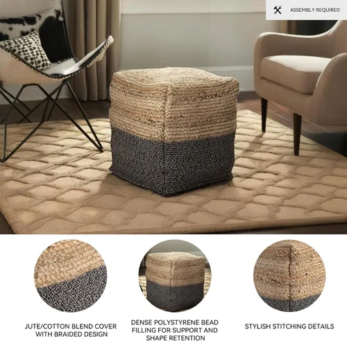 Vista 4 de Signature Design by Ashley Sweed Valley Farmhouse - Puf trenzado de yute, 17.5 x 20.25 pulgadas, natural y negro