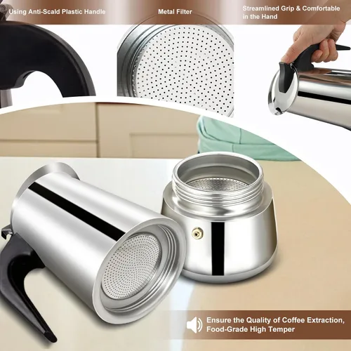 Vista 5 de 12 Tazas Cafetera de Espresso para Estufa Olla de Moka de Acero Inoxidable Percolador de Cocina Superior Cafeteras de Café Italianas Capaz