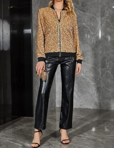 Vista 5 de EXTRO&VERT Chaqueta bomber brillante de manga larga con cremallera para mujer