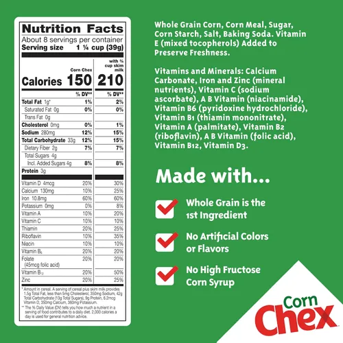 Vista 2 de Chex de maíz sin gluten, cereal para el desayuno, ingrediente casero de Chex Mix, 12 oz 0.56 oz de grano entero por porción, buena fuente de 12