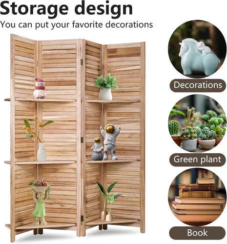 Vista 5 de [Usado] FDW Divisor de habitación de 4 paneles plegable de madera de privacidad con tres estantes inteligentes, divisor de madera portátil