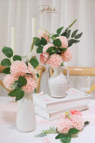 Vista 3 de Flores de dalia de imitación para boda, 25 rosas rosadas con tallos para decoración de boda, centro de mesa, arreglo de ramo (rubor)