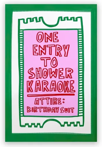 Vista 10 de Arte de pared moderno en rosa y azul con entrada a la ducha, póster de karaoke, decoración divertida para baño, señales retro para baño, decoración