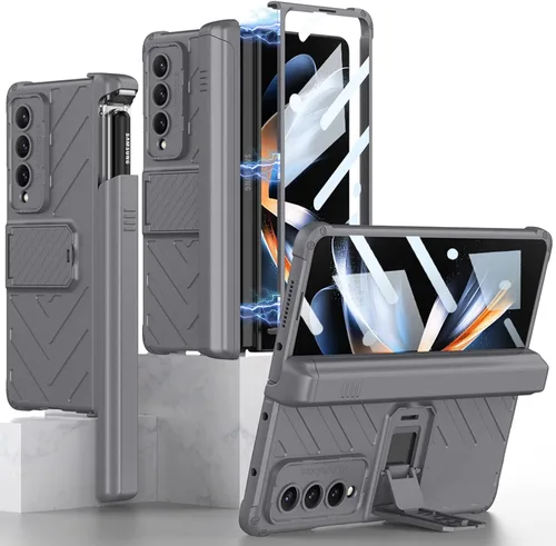 Vista 9 de Miimall Funda compatible con Samsung Galaxy Z Fold 4 con soporte para bolígrafo, protector de pantalla de vidrio templado integrado + función atril
