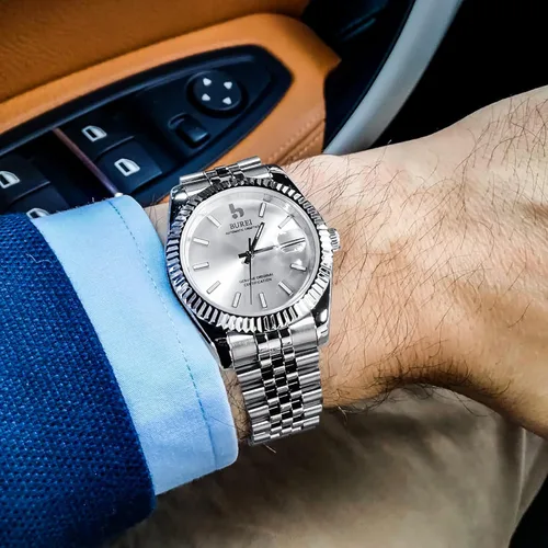 Vista 5 de BUREI - Reloj automático de lujo para hombre con lente de zafiro, calendario y correa de acero inoxidable
