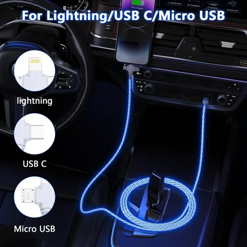 Vista 7 de Cable de carga para iPhone 3 en 1 con luz LED, relámpago/tipo C/micro USB para automóvil RGB brillante para Apple iPhone 15/14/13/12/11 Pro
