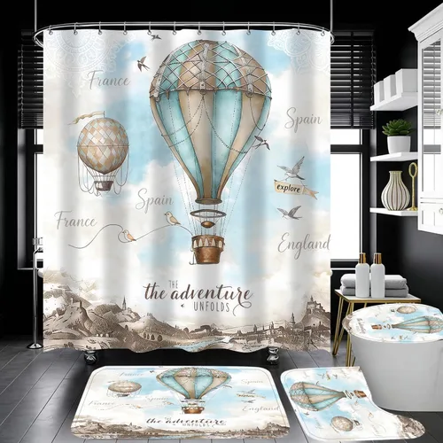 Vista 17 de Juego de 4 cortinas de ducha con diseño de rosa azul y leopardo con alfombras, tapa de inodoro y tapete de baño, cortina de ducha azul con 12