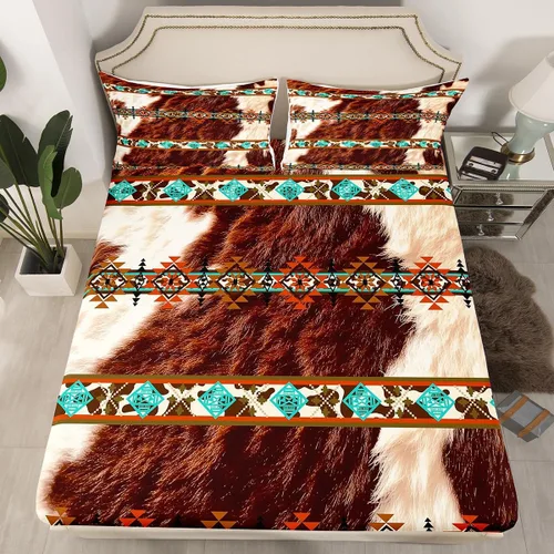 Vista 21 de Juego de ropa de cama de estilo bohemio occidental, tamaño individual, diseño de vaca atrapasueños, sábana bajera ajustable del suroeste, tribu