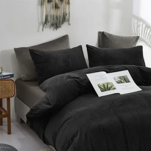 Vista 4 de Wellboo - Juego de edredón de terciopelo color negro tamaño full, ropa de cama esponjosa de color sólido, colcha de franela para mujeres y hombres