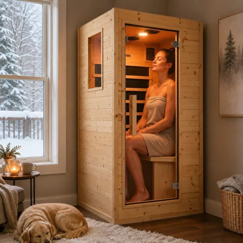 Vista 25 de Sala de sauna de infrarrojo lejano de 1350W para el hogar, sauna de madera canadiense de Hemlock de calentamiento rápido bajo EMF, luz de sauna que
