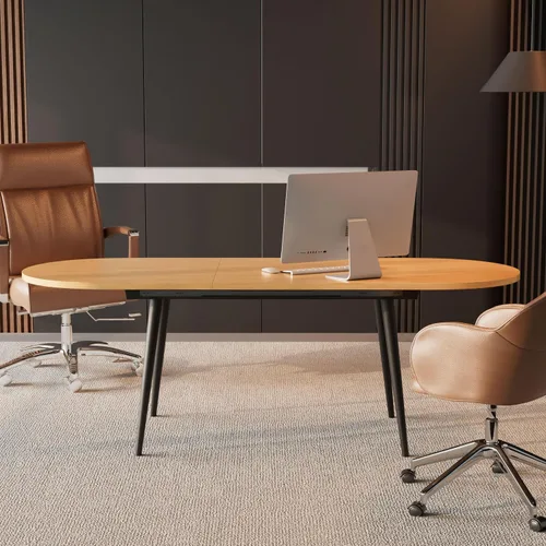 Vista 4 de Mesa de comedor extensible de 75 x 32 pulgadas, mesa ovalada de madera con patas de metal, ahorro de espacio, extensible de 59 a 75 pulgadas