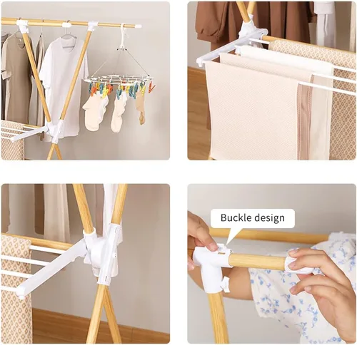 Vista 5 de BAOYOUNI Estante plegable para secar ropa con estante para toallas de lavandería, soporte en forma de X, ajustable, doble poste, organizador