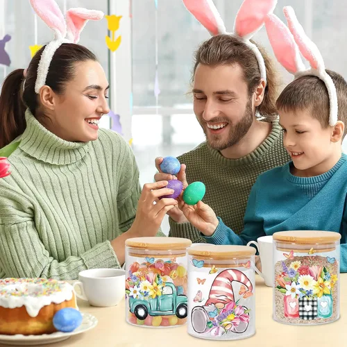 Vista 7 de JarThenaAMCS 3 Frascos de Almacenamiento de Vidrio Floral de Primavera con Tapa Hermética Tulipán Flor Gnomo Camión Mariposa Juegos de Recipientes