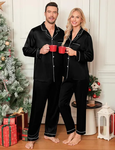 Vista 3 de LecGee Couples Matching Pajamas Set Button Down Sleepwear Long Sleeve Loungewear Silky Satin 2 Piece Pjs