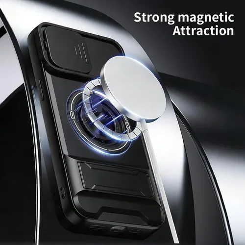 Vista 7 de Dssairo Funda para iPhone 15 con anillo magnético de rotación de 360° compatible con carcasa MagSafe Slide para cámara, soporte plegable, funda Negro